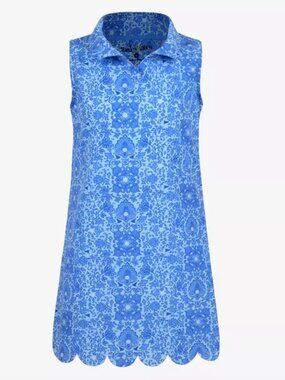 Turtles & Tees Natalee Woven Blue Patterned Collared Shift Golf Dress